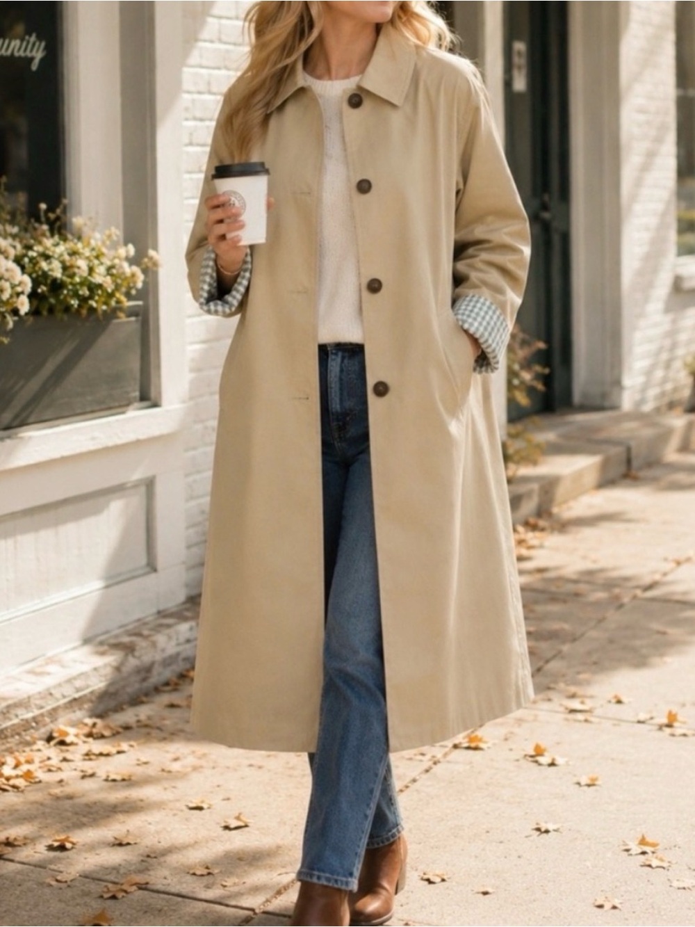NEW Beige Trench Coat With Gingham Print